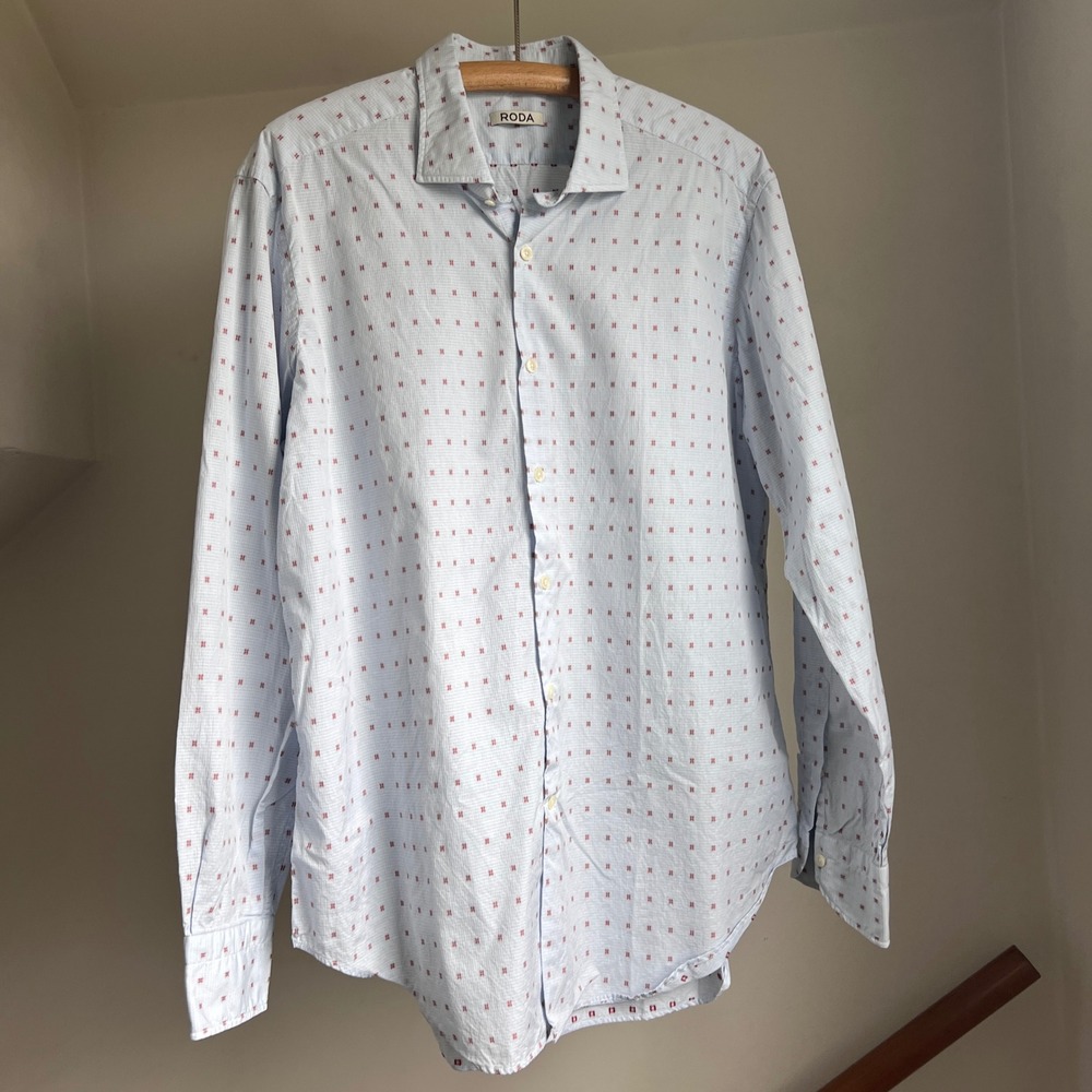RODA Button Up Dress Shirt Large Light Blue Red Dot Printed Long Sleeve Italian